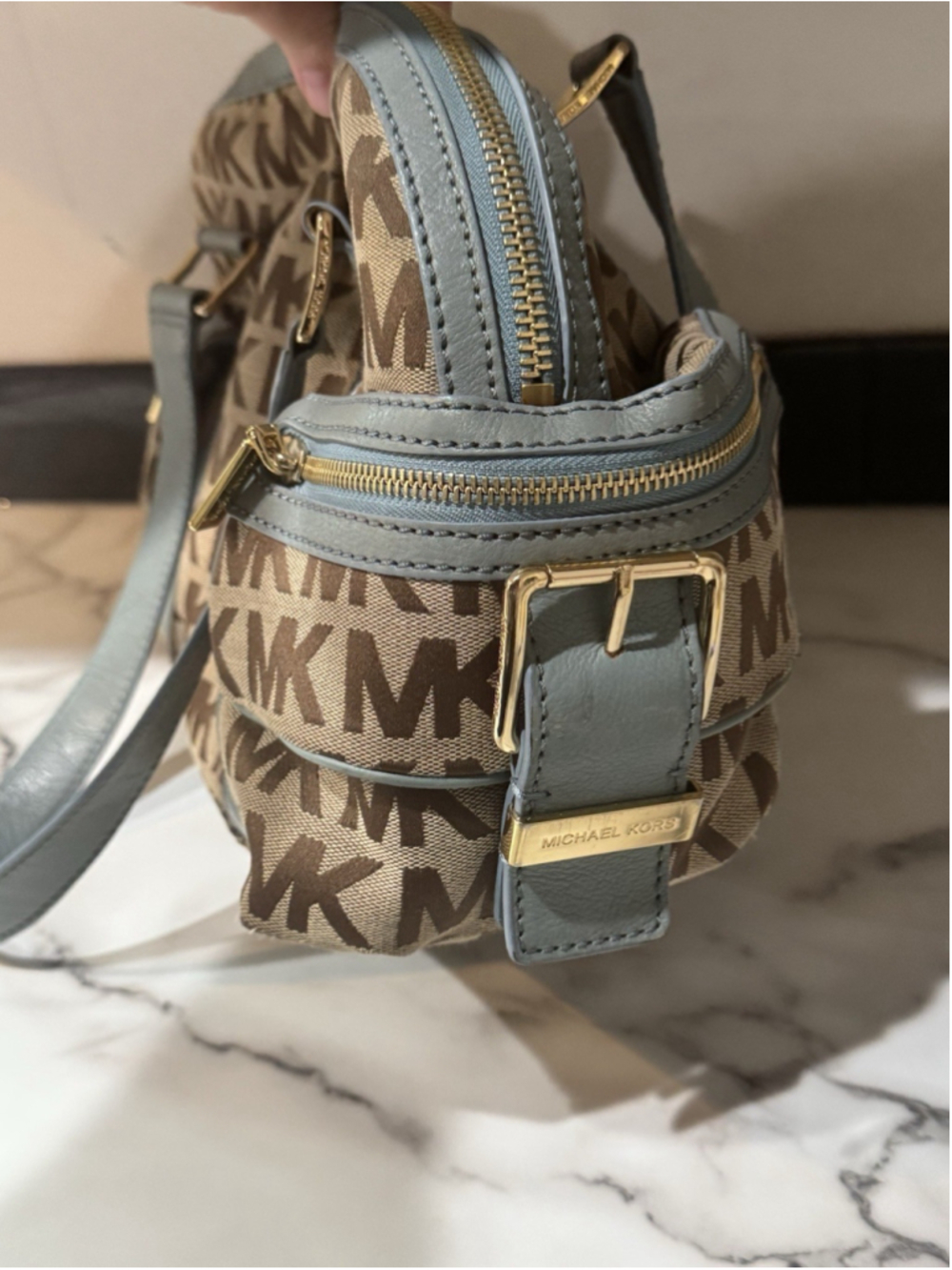 MICHAEL KORS monogram Beige Blue Teal jacquard LARGE satchel Y2K EUC Purse Bag - Picture 2 of 11